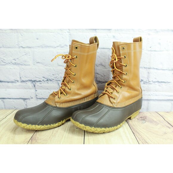 LL Bean Women's Brown Leather Lace Up Unlined Mid Calf Duck Boots Size 9 M - Picture 2 of 10